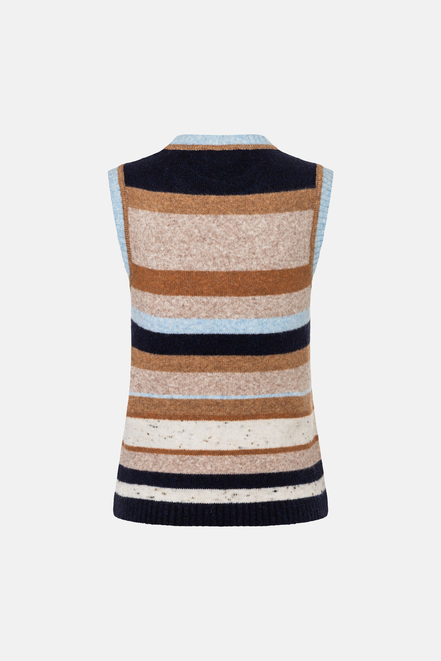 Multicolored striped knit sleeveless top by MORE & MORE, back view, featuring navy, beige, brown, and light blue horizontal bands with ribbed trim.
