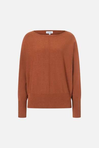 Cognac round-neck sweater by MORE & MORE, ribbed cuffs and hem, front view, soft knit texture