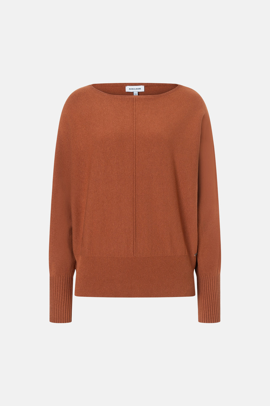 Cognac round-neck sweater by MORE & MORE, ribbed cuffs and hem, front view, soft knit texture