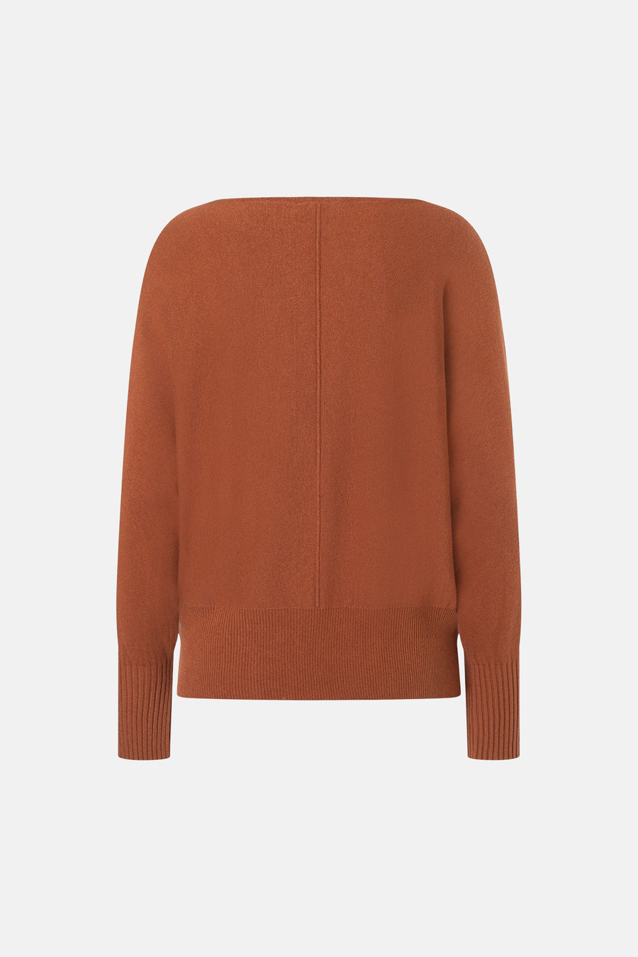 Cognac round-neck sweater by MORE & MORE, back view with ribbed hem and cuffs, smooth knit texture