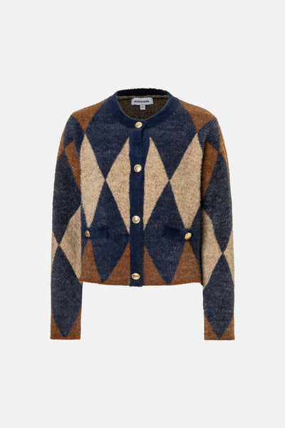 Multicolored argyle knit cardigan by MORE & MORE, featuring navy, brown, and beige diamond pattern with gold-tone buttons and soft textured fabric, front view.