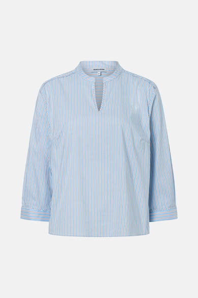 Multicolored striped long-sleeve blouse by MORE & MORE, featuring light blue base with white and red vertical stripes, keyhole neckline, and cuffed sleeves, front view.
