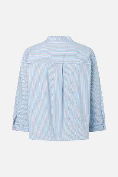 Multicolored long-sleeve striped blouse by MORE & MORE, back view with vertical pleats and cuffed sleeves