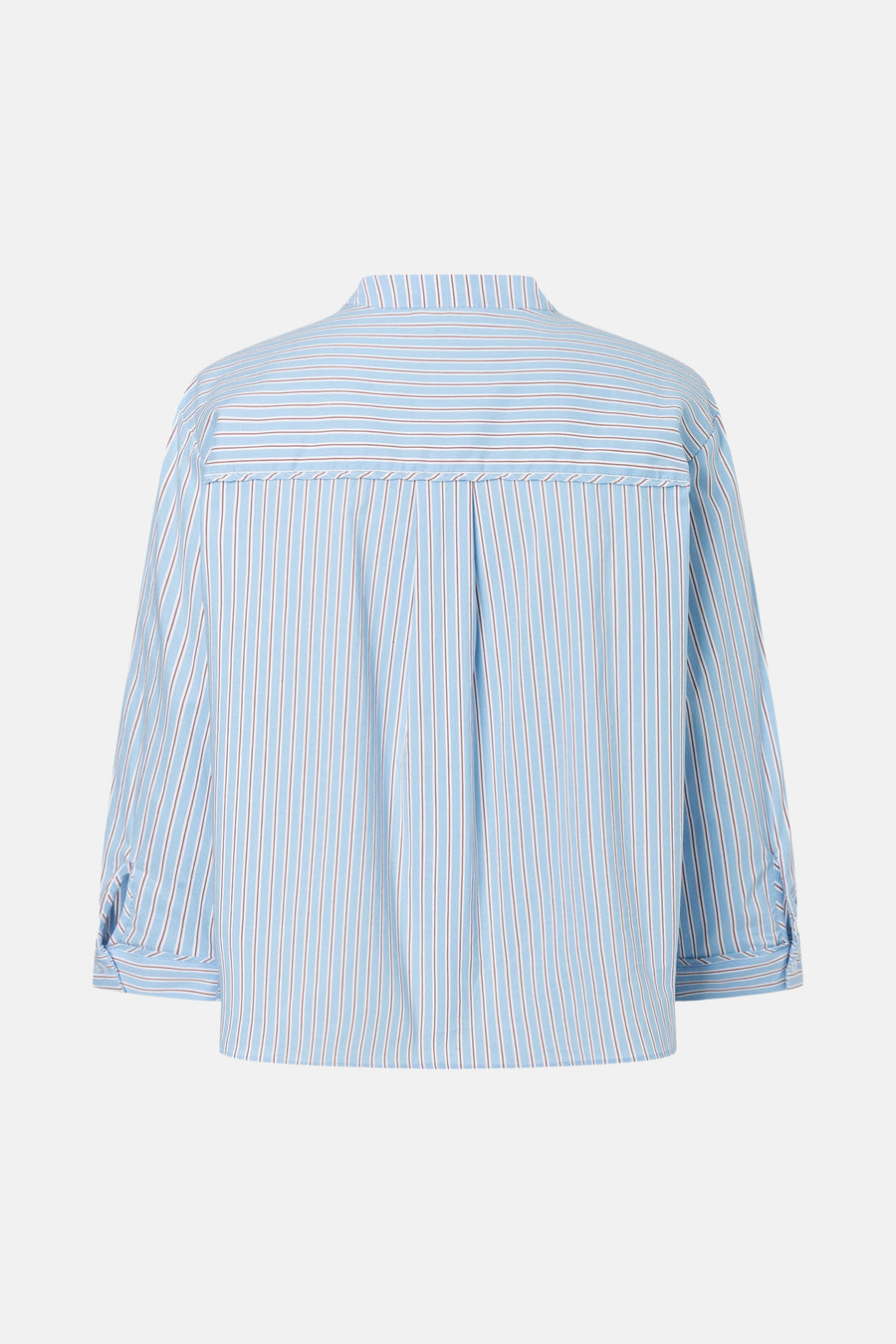 Multicolored long-sleeve striped blouse by MORE & MORE, back view with vertical pleats and cuffed sleeves