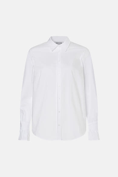 White long-sleeve blouse with ruffled cuffs by MORE & MORE, front view, smooth fabric, classic collar, button-down front