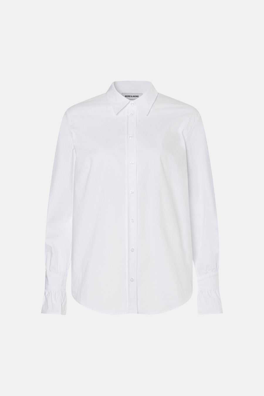 White long-sleeve blouse with ruffled cuffs by MORE & MORE, front view, smooth fabric, classic collar, button-down front