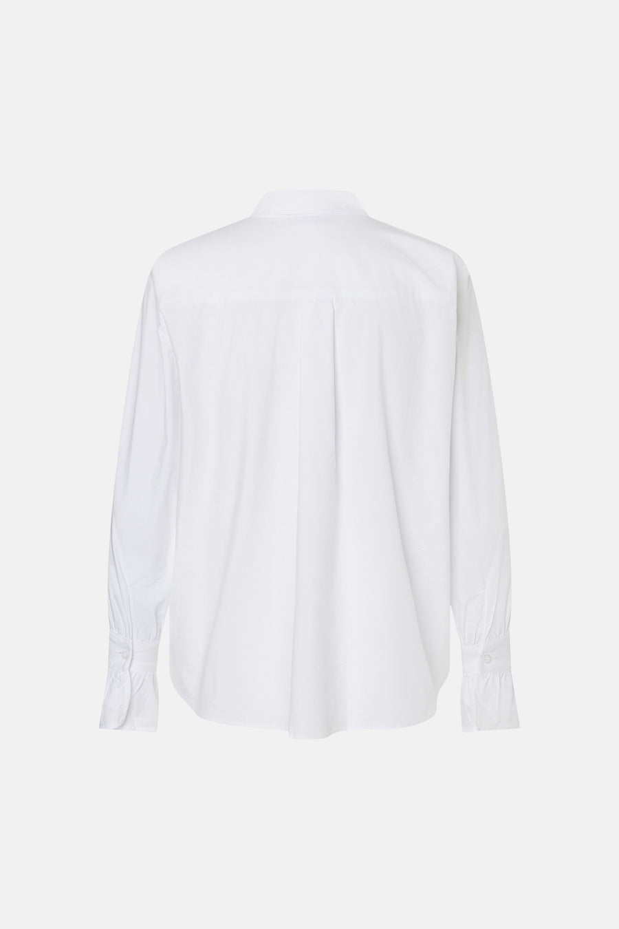 White long-sleeve blouse by MORE & MORE, back view with central pleat and ruffled cuffs