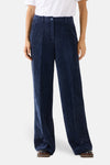 Navy corduroy wide-leg suit pants by MORE & MORE, front view, textured ribbed fabric, straight fit, worn with white t-shirt and dark shoes