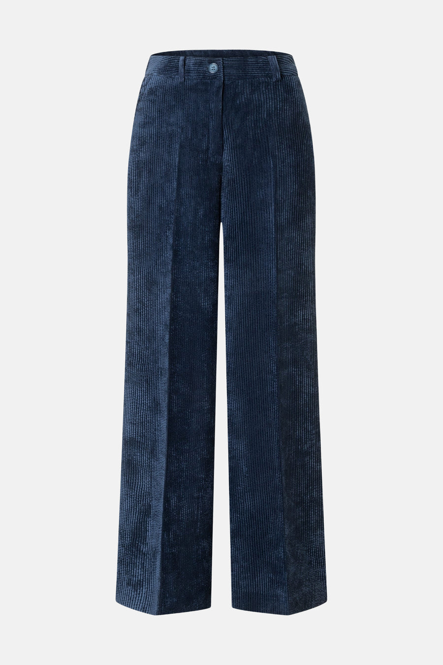 Blue corduroy suit pants by MORE & MORE, featuring wide legs and vertical ribbed texture, front view.