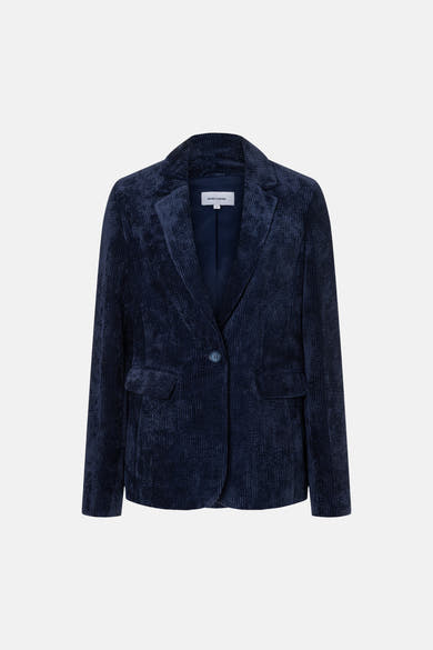 Navy corduroy blazer by MORE & MORE, single-button front, notched lapel, two flap pockets, textured ribbed fabric, front view