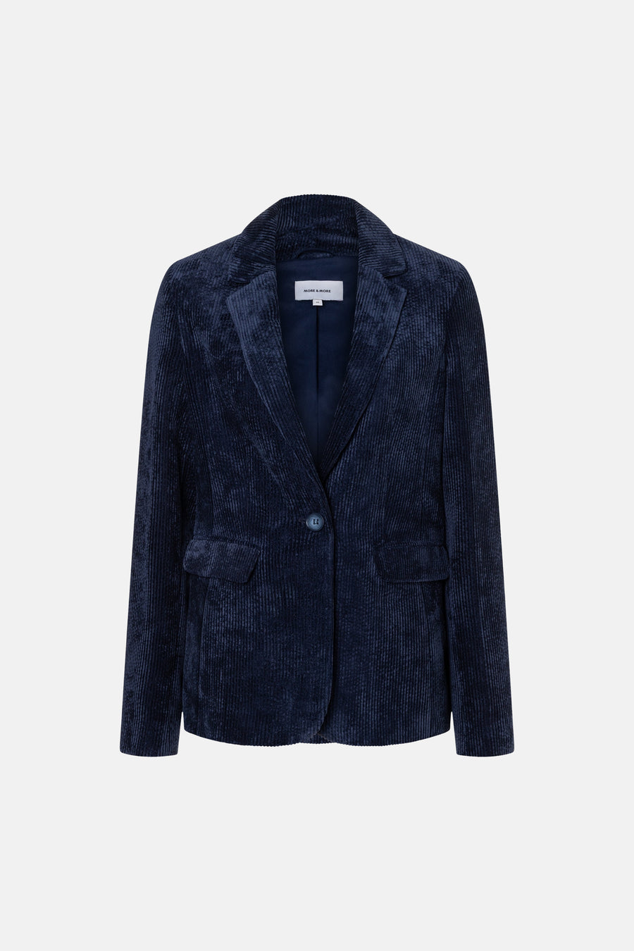 Navy corduroy blazer by MORE & MORE, single-button front, notched lapel, two flap pockets, textured ribbed fabric, front view