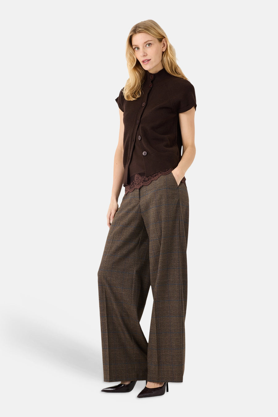 Dames tops pull korte mouw brun - MORE & MORE