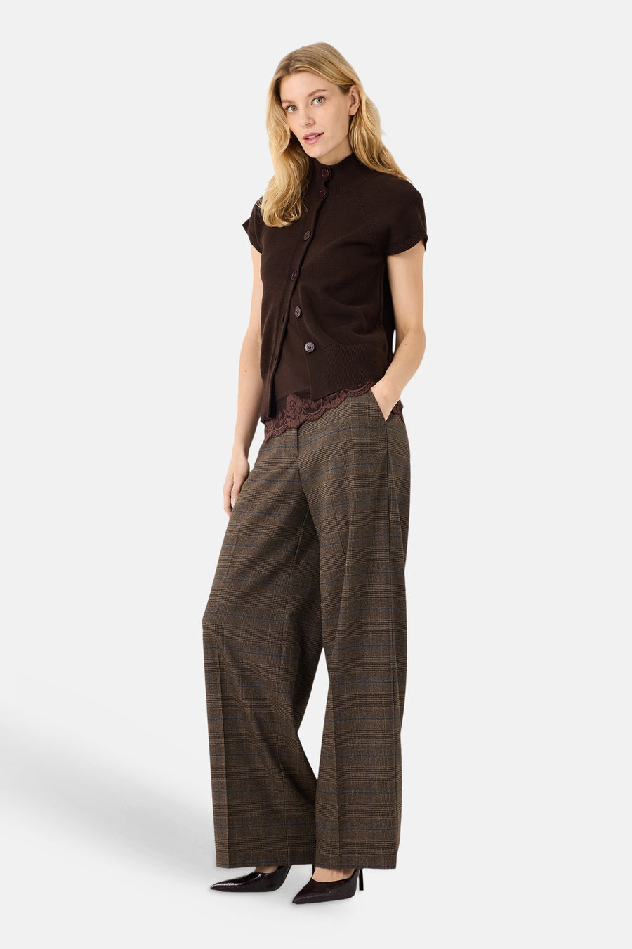 Dames tops pull korte mouw brun - MORE & MORE