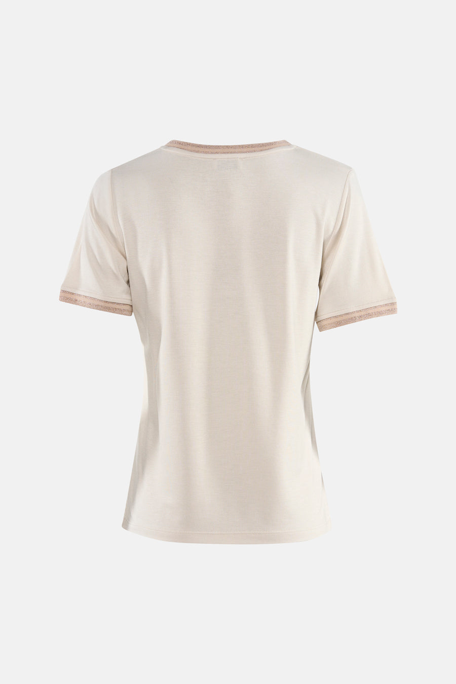 T-shirt beige à manches courtes de MORE & MORE, avec bordures décoratives brillantes au col et aux manches.