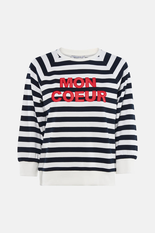 Sweat multicolore à rayures by MORE & MORE, avec inscription rouge "Mon Coeur" sur le devant.