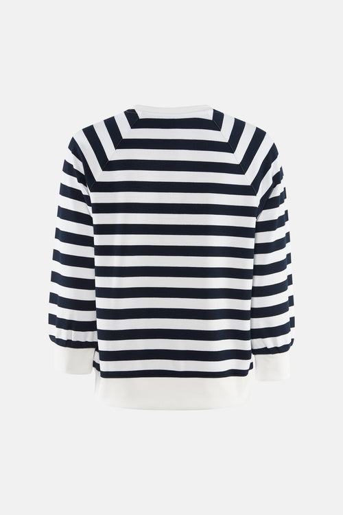 Sweat multicolore de MORE & MORE, à rayures horizontales bleu marine et blanches, manches raglan et finitions bords-côtes unis.
