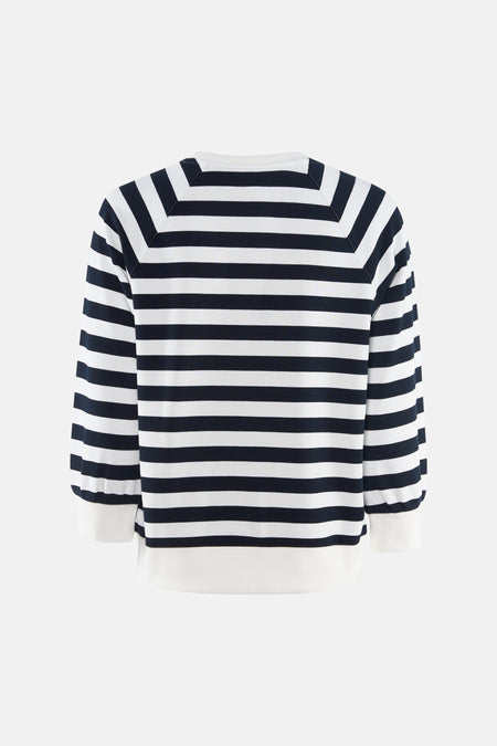 Multikleuren sweatshirt van MORE & MORE, met marineblauwe en witte horizontale strepen, raglanmouwen en effen geribde boorden.