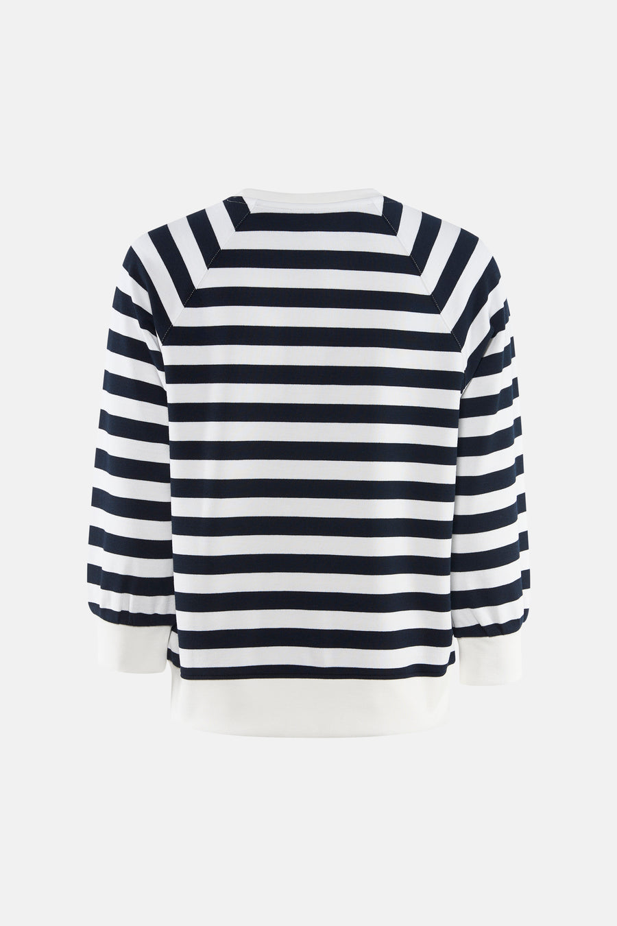 Multikleuren sweatshirt van MORE & MORE, met marineblauwe en witte horizontale strepen, raglanmouwen en effen geribde boorden.