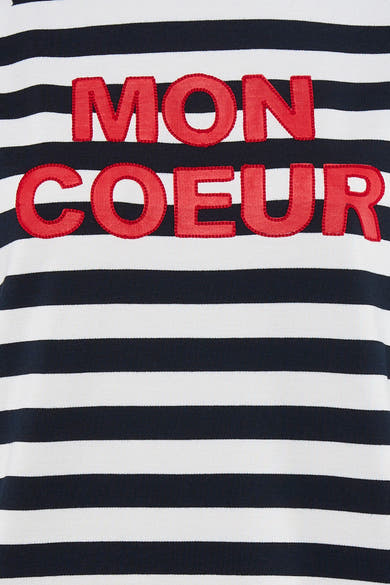 Multikleurige rondehals sweatshirt van MORE & MORE, gestreept met geborduurd rood "Mon Coeur" motief.