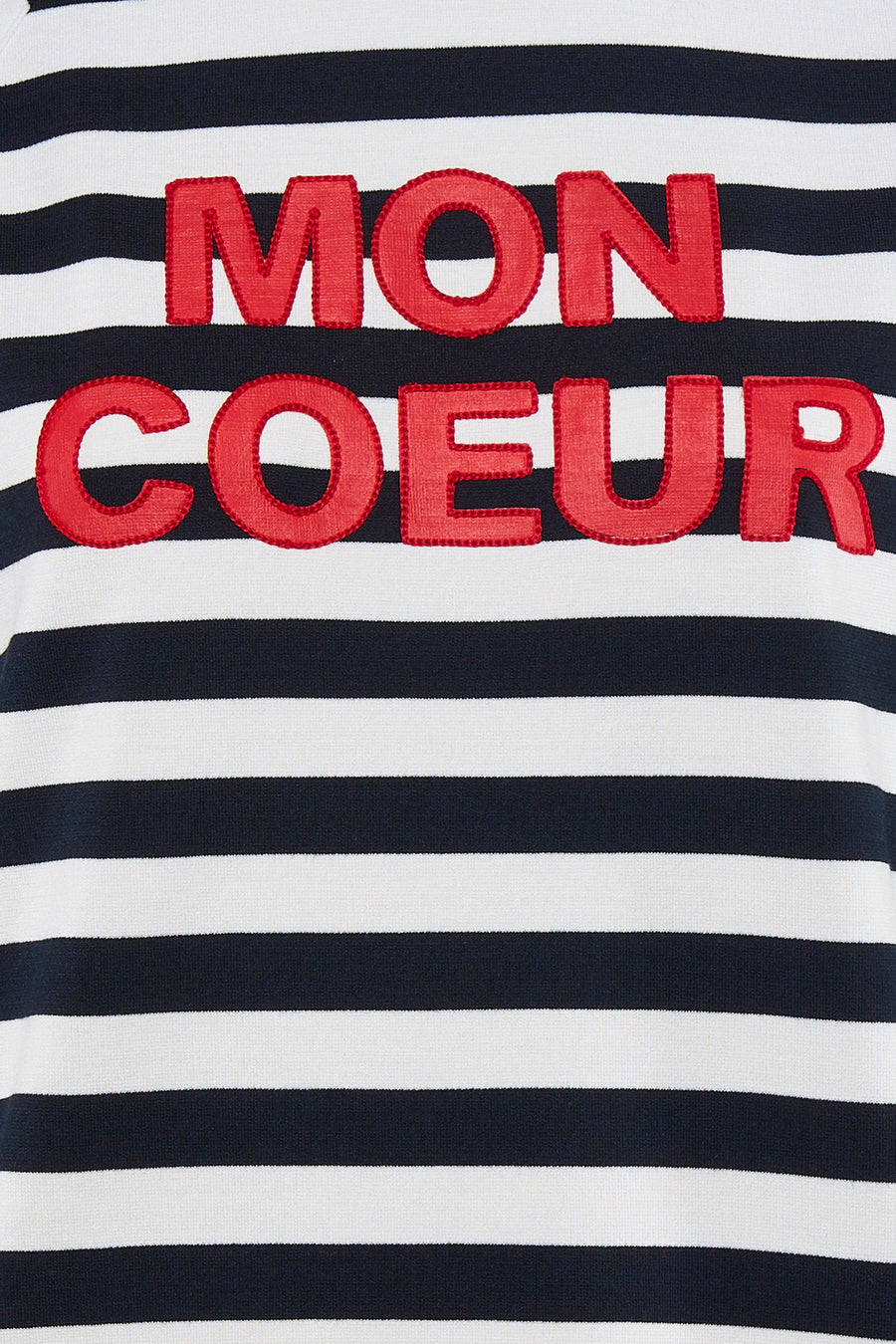 Multikleurige rondehals sweatshirt van MORE & MORE, gestreept met geborduurd rood "Mon Coeur" motief.