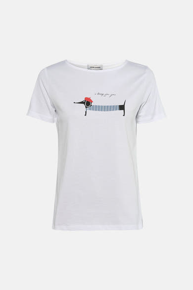 T-shirt à manches courtes blanc de MORE & MORE, orné d'un motif de teckel avec un béret rouge et un message.