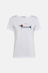 T-shirt à manches courtes blanc de MORE & MORE, orné d'un motif de teckel avec un béret rouge et un message.