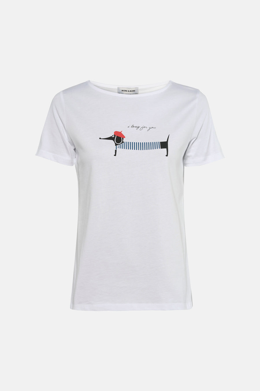 T-shirt à manches courtes blanc de MORE & MORE, orné d'un motif de teckel avec un béret rouge et un message.