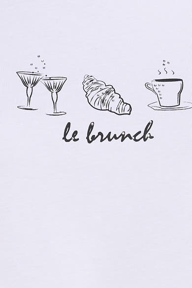 T-shirt blanc à manches courtes de More & More avec imprimé "le brunch" et strass décoratifs.