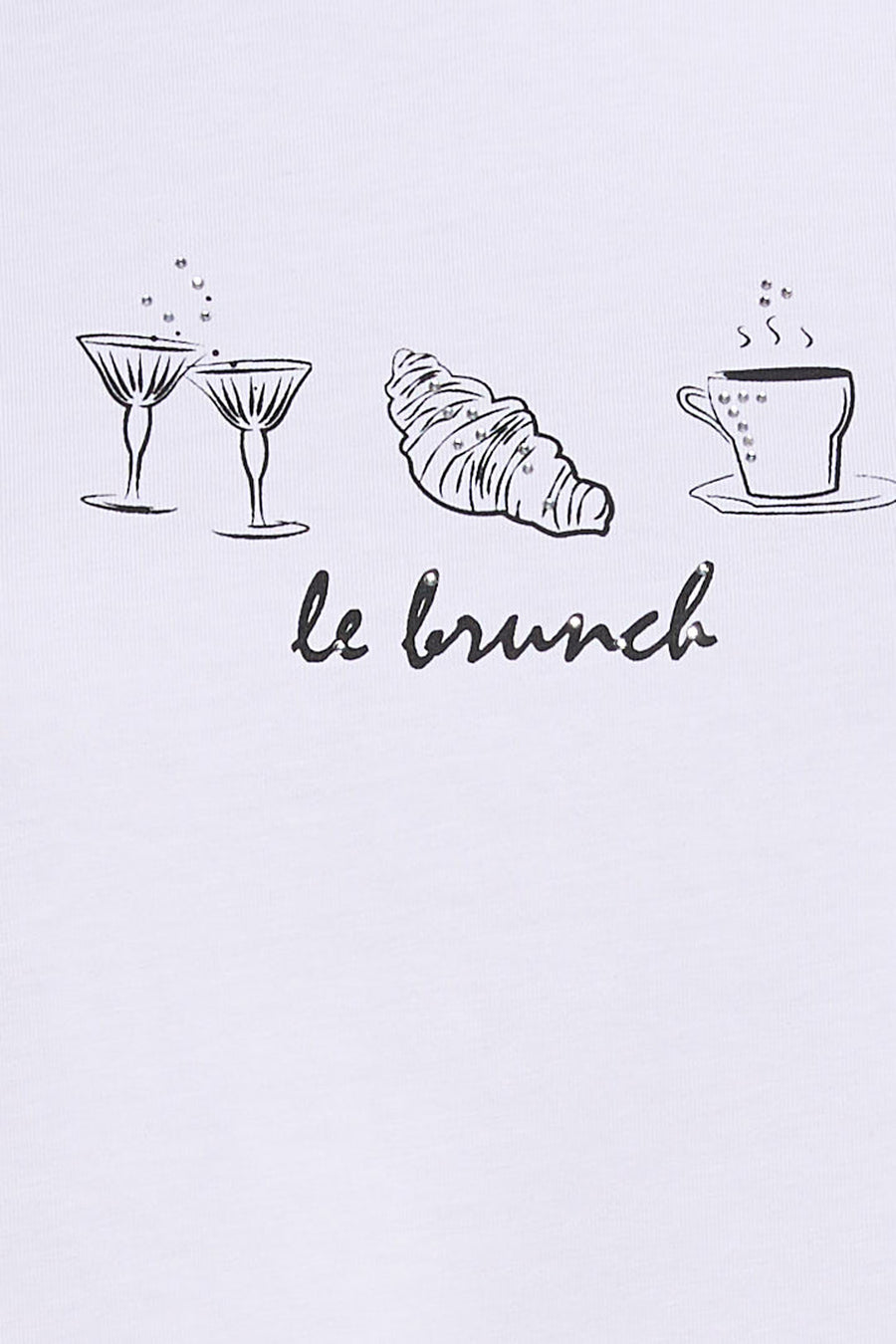 T-shirt blanc à manches courtes de More & More avec imprimé "le brunch" et strass décoratifs.
