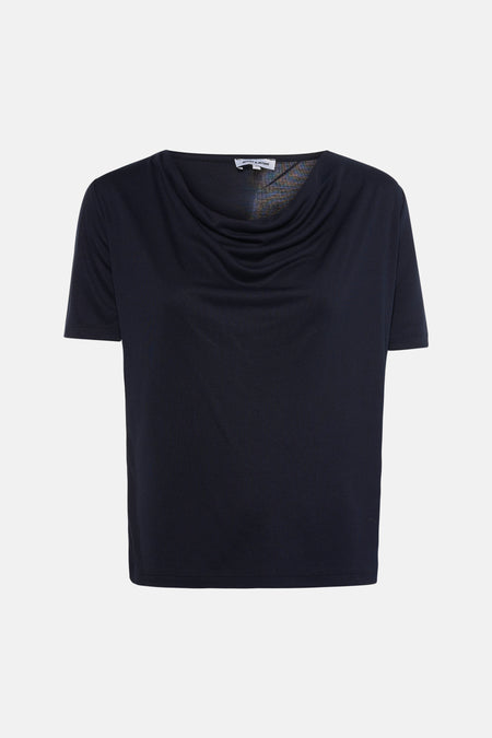 Blauw T-shirt met korte mouwen van MORE & MORE met een gedrapeerde hals en een relaxte pasvorm.