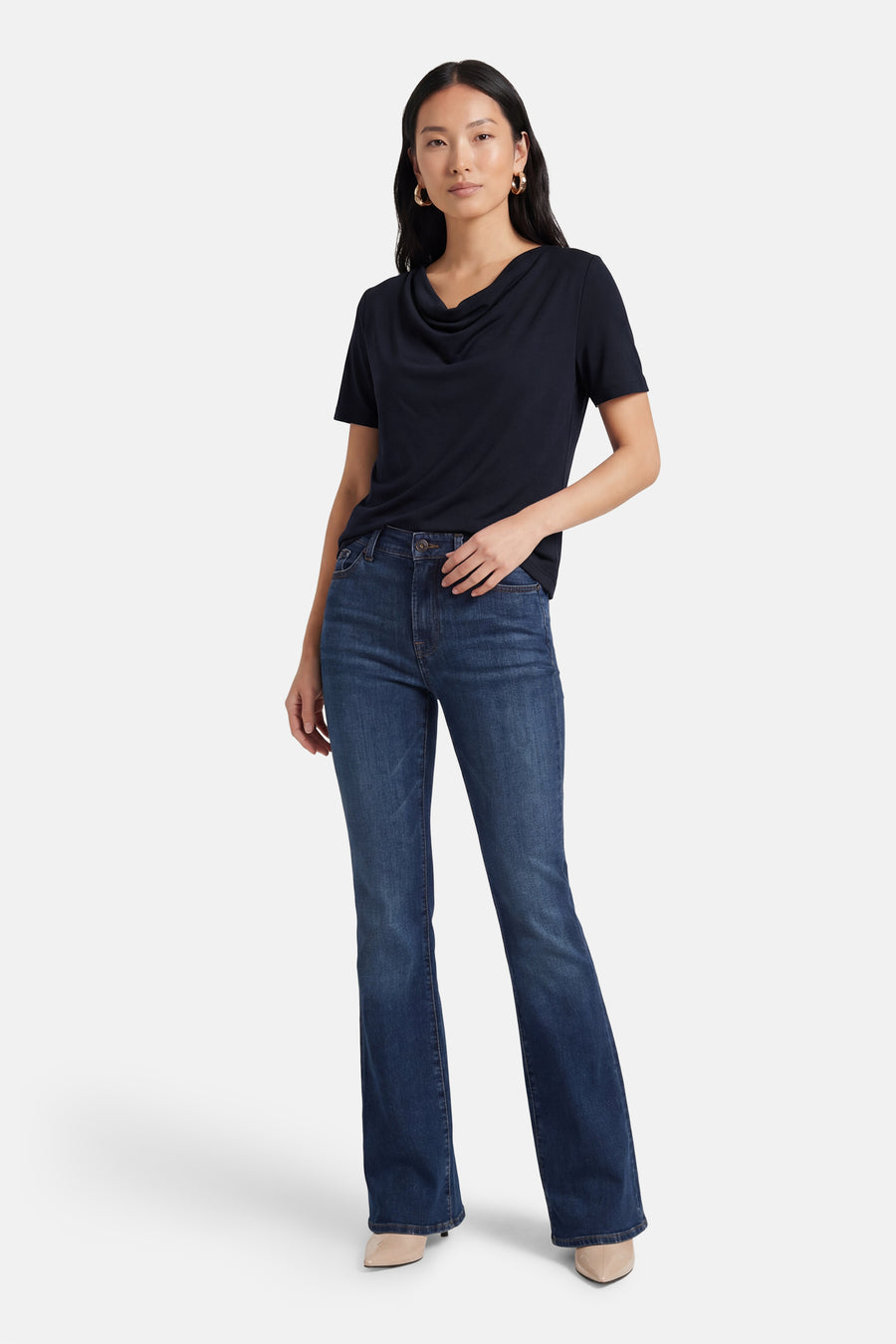 T-shirt à manches courtes bleu de MORE & MORE avec un col drapé et une coupe décontractée.