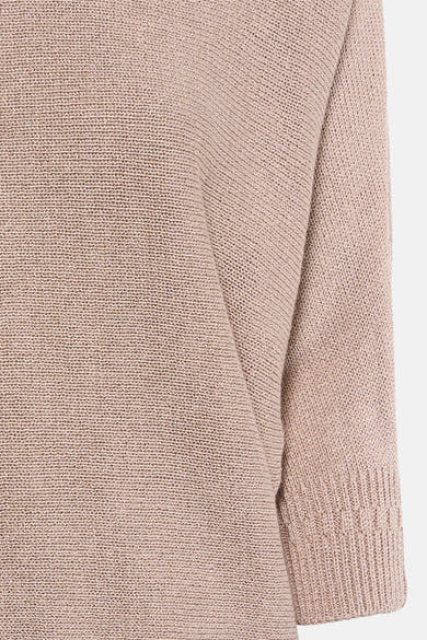 Pull à col rond beige de MORE & MORE, en tricot fin texturé, avec des manches trois-quarts.