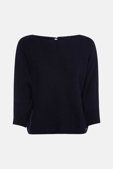 Pull à col rond bleu de MORE & MORE, manches trois-quarts avec détail tricoté au poignet, coupe décontractée.