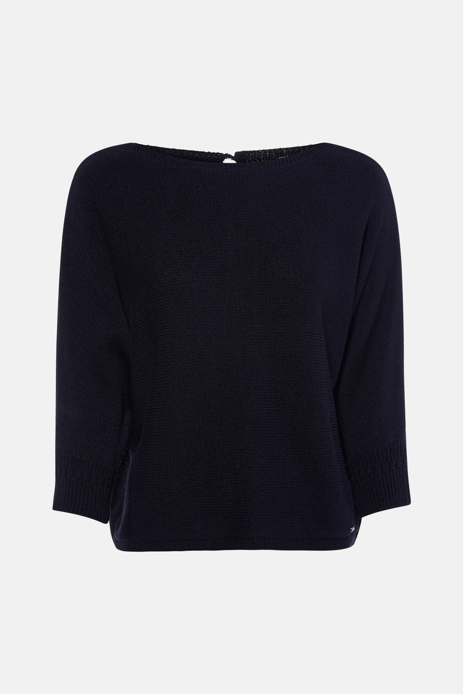 Pull à col rond bleu de MORE & MORE, manches trois-quarts avec détail tricoté au poignet, coupe décontractée.