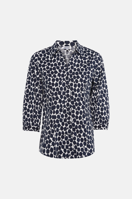 Chemise à manches longues bleue de MORE & MORE, à pois blancs et coupe classique avec manches trois-quarts.