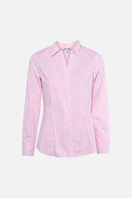 Chemise à manches longues rose rayée de MORE & MORE, avec fermeture boutonnée.
