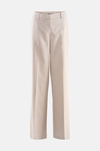 Pantalon de costume beige de MORE & MORE, coupe droite, avec une texture subtile et des passants de ceinture.
