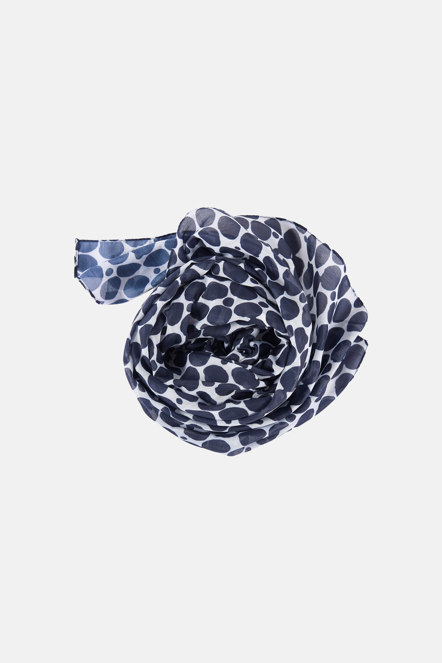 Foulard en tissu à pois bleu marine, de MORE & MORE, enroulé sur fond uni.
