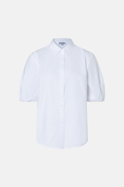 White short-sleeve button-down blouse by More & More, featuring a classic collar and puffed sleeves, front view.