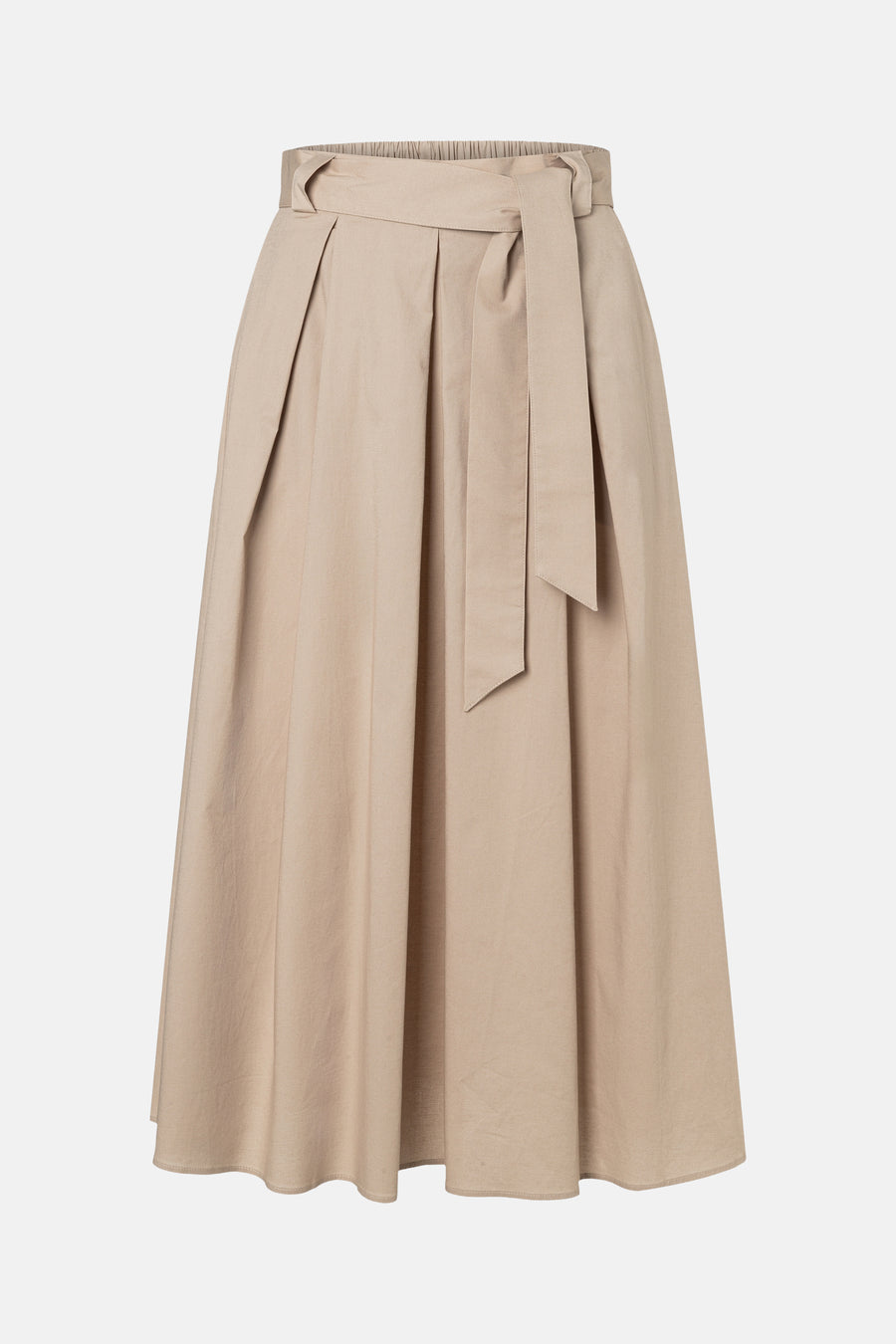 Jupe longue beige de MORE & MORE, plissée avec une ceinture nouée à la taille, sur fond uni.

