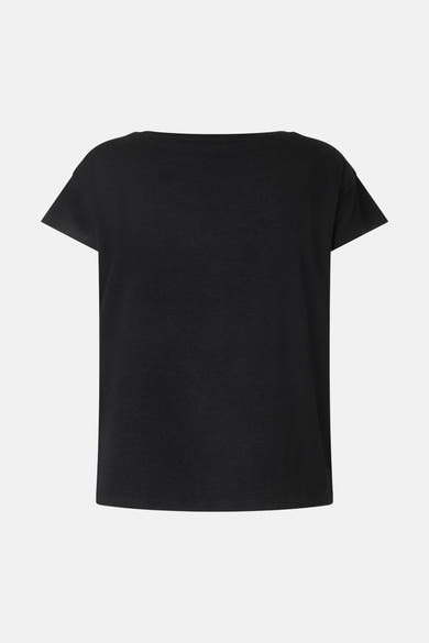 Black short-sleeve t-shirt by MORE & MORE, back view, plain knit fabric, simple crew neckline, relaxed fit