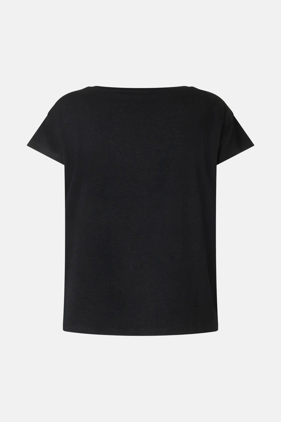 Black short-sleeve t-shirt by MORE & MORE, back view, plain knit fabric, simple crew neckline, relaxed fit