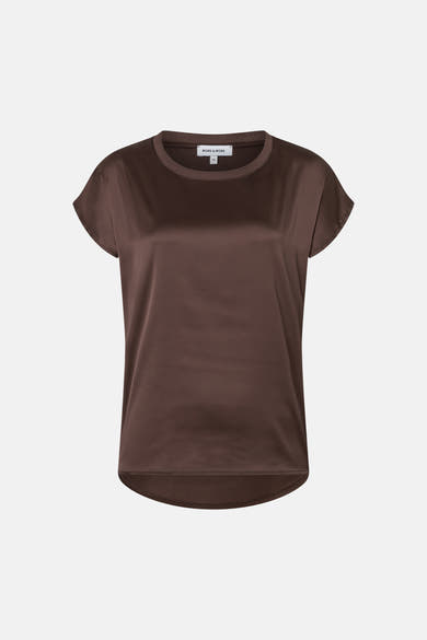 Brown short-sleeve solid top by MORE & MORE with rounded neckline and curved hem, front view