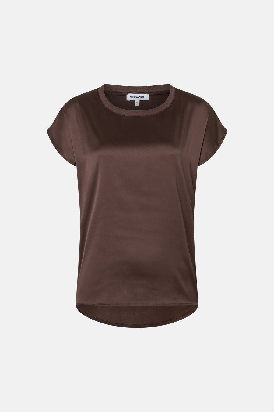 Brown short-sleeve solid top by MORE & MORE with rounded neckline and curved hem, front view