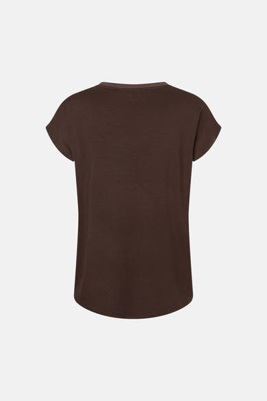 Brown short-sleeve solid top by MORE & MORE, back view, ribbed crew neckline, relaxed fit, smooth fabric texture