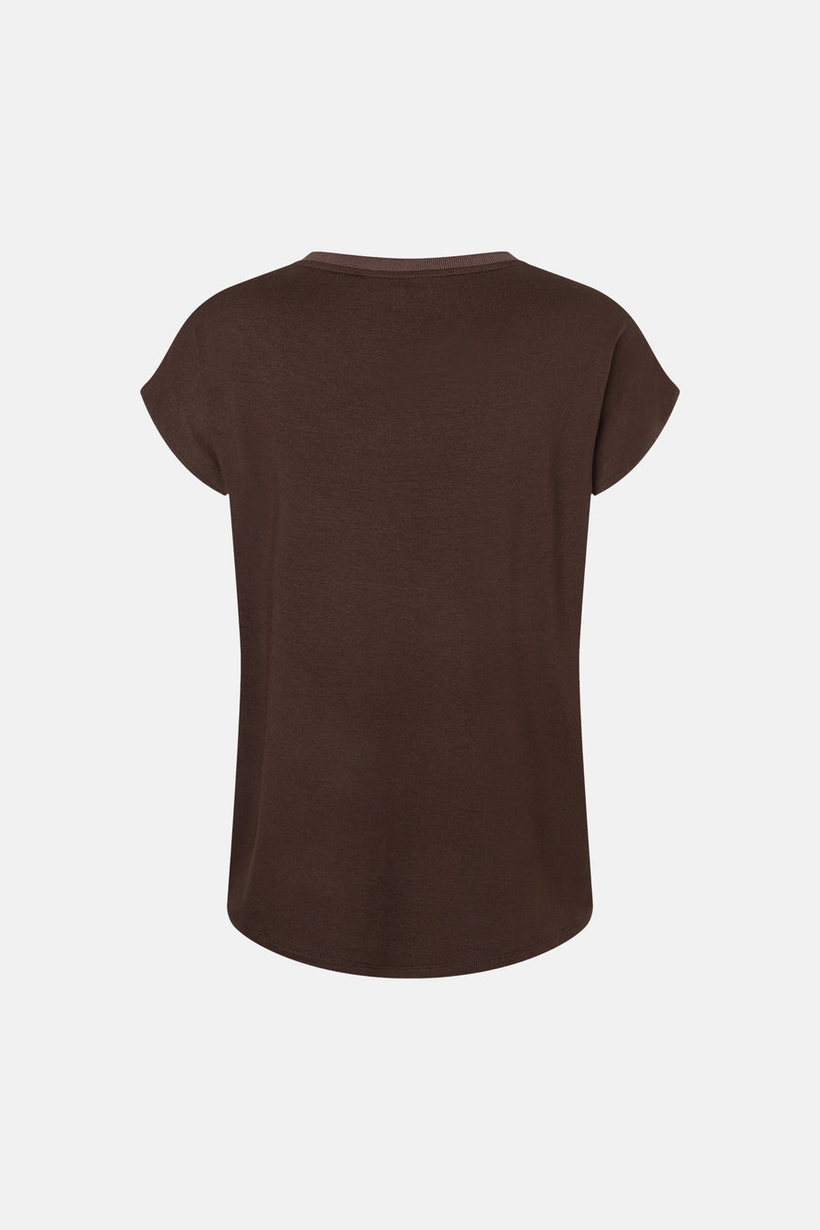 Brown short-sleeve solid top by MORE & MORE, back view, ribbed crew neckline, relaxed fit, smooth fabric texture