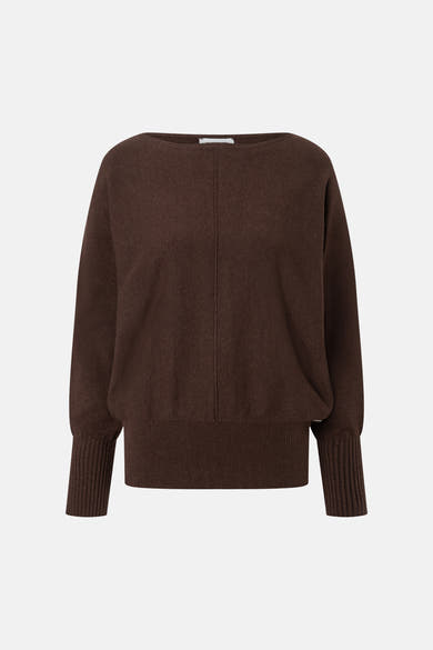 Brown round-neck sweater by MORE & MORE, featuring ribbed cuffs and hem, soft knit texture, front view.