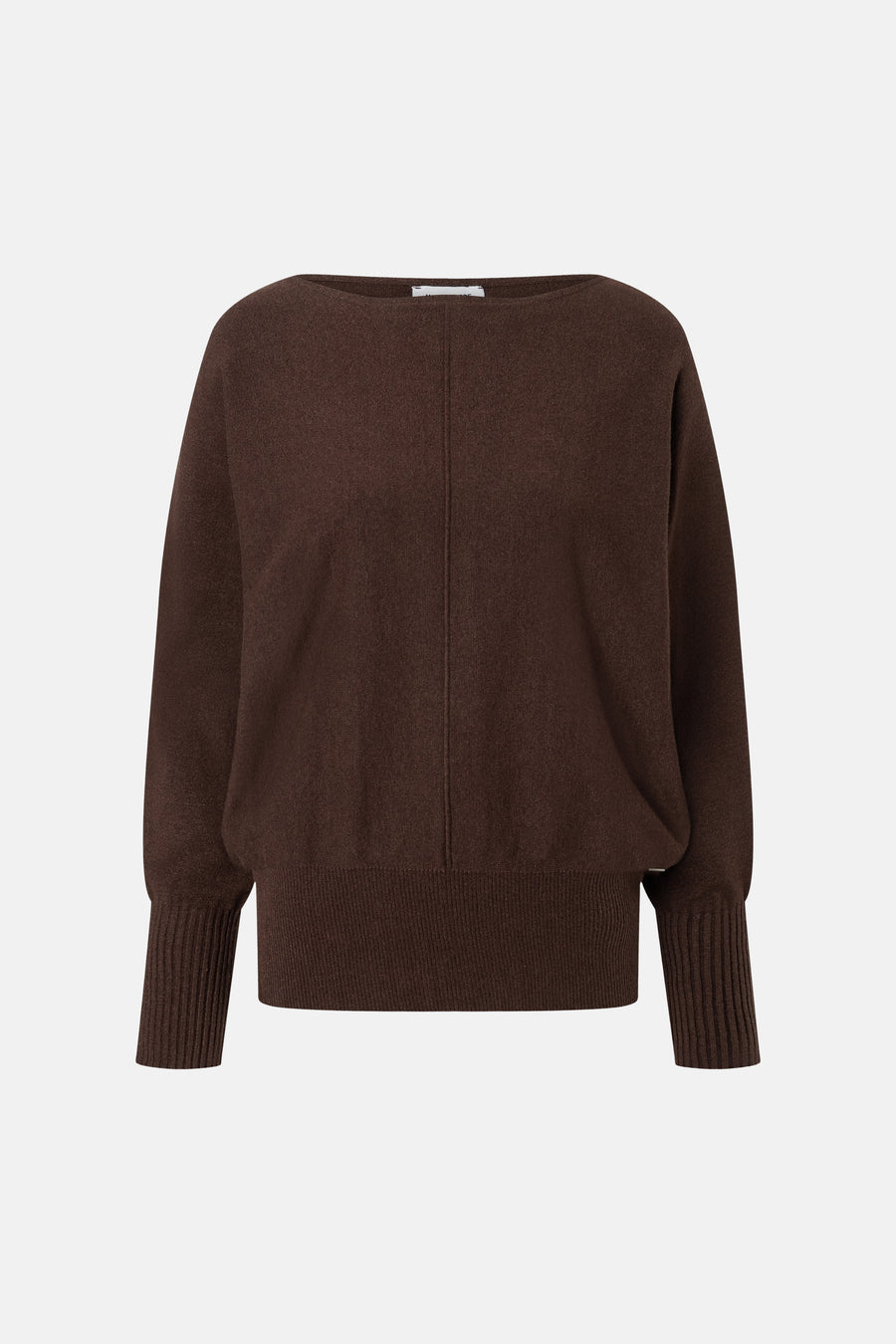 Brown round-neck sweater by MORE & MORE, featuring ribbed cuffs and hem, soft knit texture, front view.