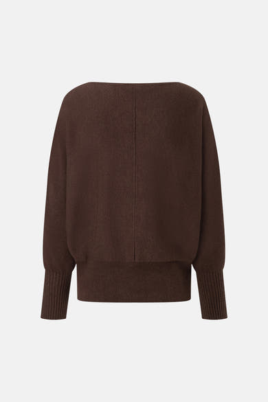 Brown round-neck sweater by MORE & MORE, back view with ribbed hem and cuffs, smooth knit texture