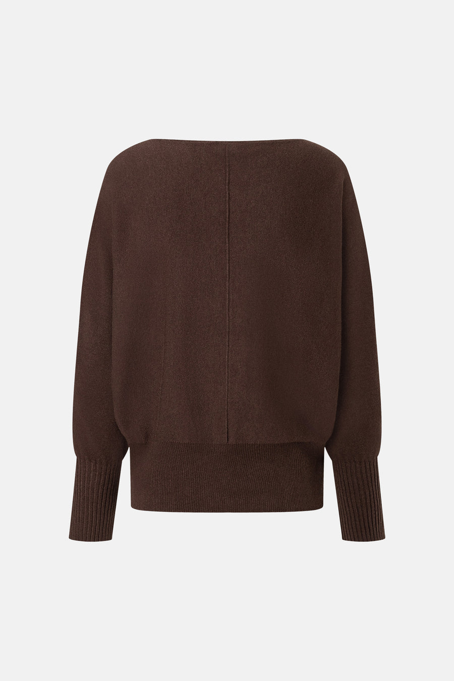 Brown round-neck sweater by MORE & MORE, back view with ribbed hem and cuffs, smooth knit texture